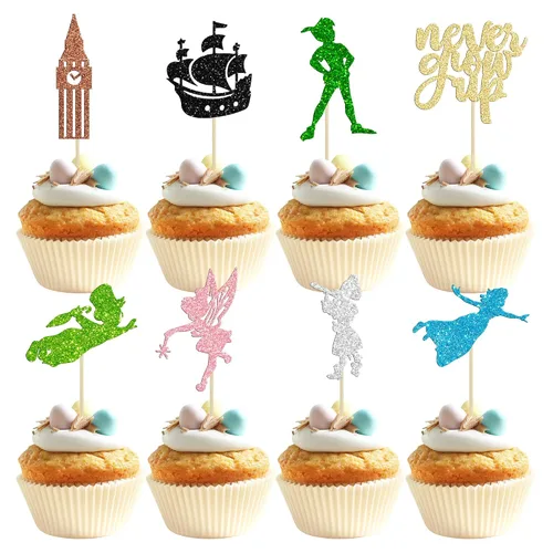 Vista 10 de Gyufise Paquete de 24 adornos para cupcakes con purpurina negra que nunca crecen para cupcakes en P Pan para baby shower Never Grow Up
