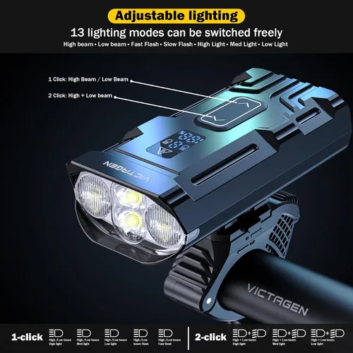 Vista 2 de Victagen Luces de bicicleta de 9000 lúmenes, faros de bicicleta de luces altas y bajas, luces de bicicleta súper brillantes, luces de bicicleta MTB
