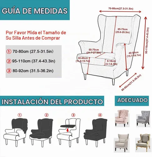 Vista 5 de Wingback - Funda elástica para silla, 2 piezas, con respaldo de ala, funda protectora de muebles impresa, suave con parte inferior elástica para 12