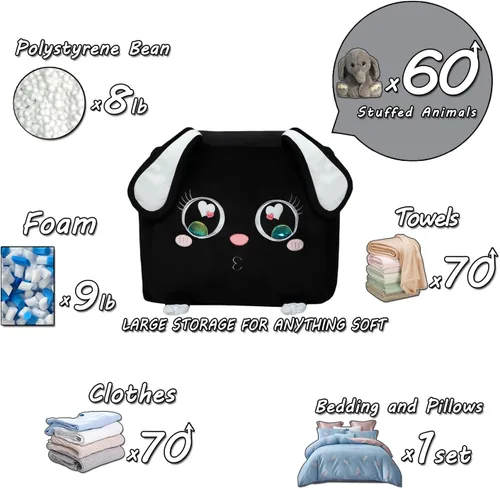 Vista 7 de Sillas de puf de conejo negro para organizador de habitación de niños, ideas de almacenamiento de animales de peluche, muebles de sala