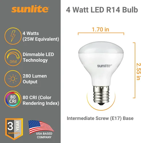 Vista 2 de Sunlite Mini bombillas LED R14, 4 vatios (equivalente a 25 W), 280 lúmenes, base intermedia (E17), regulable, certificación ETL, blanco suave