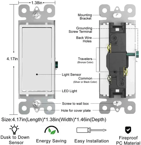Vista 6 de SOZULAMP - Paquete de 10 interruptores de luz de pared de 3 vías con luz nocturna LED de 15 amperios 120/277 voltios, interruptor blanco basculante
