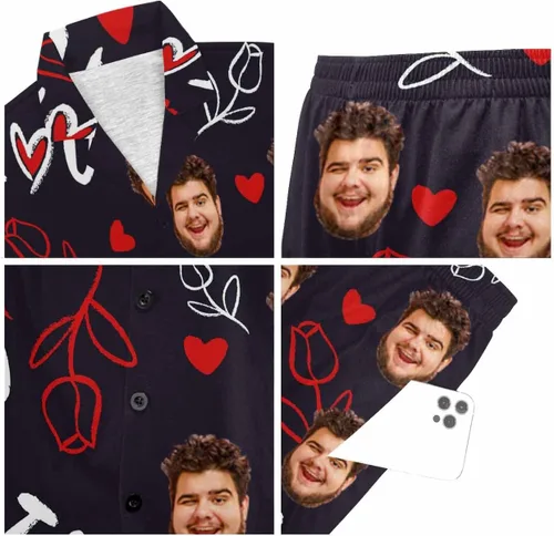Vista 6 de Artsadd Pijamas personalizados a juego para parejas, para él y ella, conjunto de pijama corto con foto personalizada, para mujeres y hombres