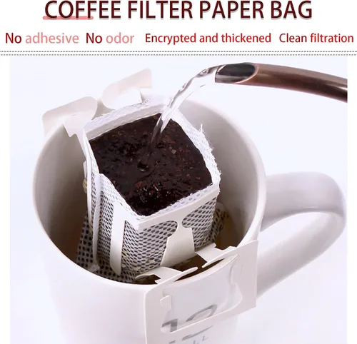 Vista 4 de Paquete de 50 bolsas de café portátiles para colgar en las orejas, bolsa de papel desechable de filtro de café de una sola porción para viajes