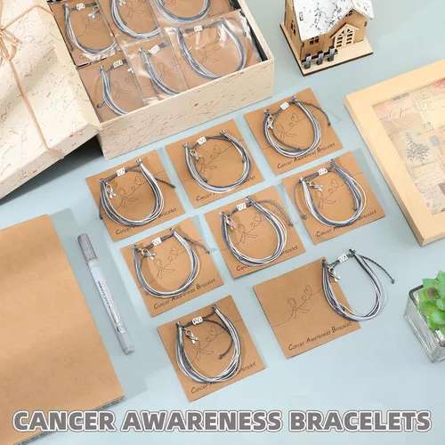 Vista 8 de Huquary 50 pulseras trenzadas de cinta rosa con colgante ajustable para el cáncer de mama, accesorios de regalo para el cáncer de mama, 50