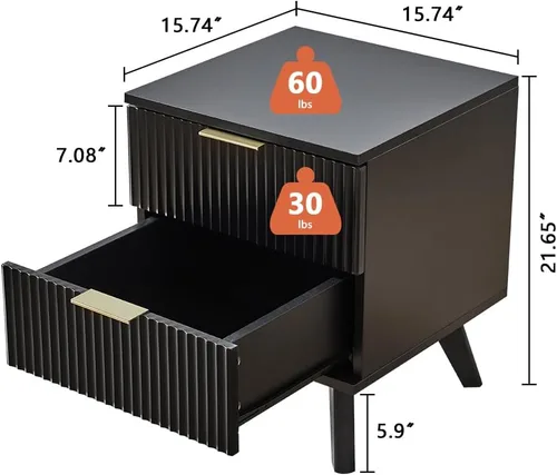 Vista 2 de Juego de 2 mesitas de noche con cajones, mesa de noche moderna grande con rayas y 2 cajones, juego de mesitas de noche estilo mediados de siglo