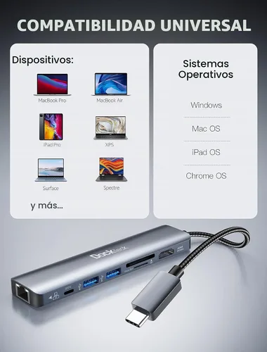 Vista 7 de dockteck Hub USB C 7 en 1 con HDMI 4K 60Hz, Ethernet de 1 Gbps, entrega de energía de 100 W, ranuras para tarjetas SD/TF, puertos de datos USB 3.0