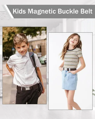 Vista 2 de WELROG Cinturón de hebilla ajustable para niños pequeños, cinturones elásticos con hebilla plateada para niñas y niños Negro / Café