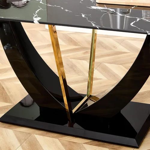 Vista 7 de Mesa de comedor para 4 a 6, mesa de cocina moderna, mesa de comedor, mesa rectangular de vidrio templado de 63 pulgadas con patas de MDF negras