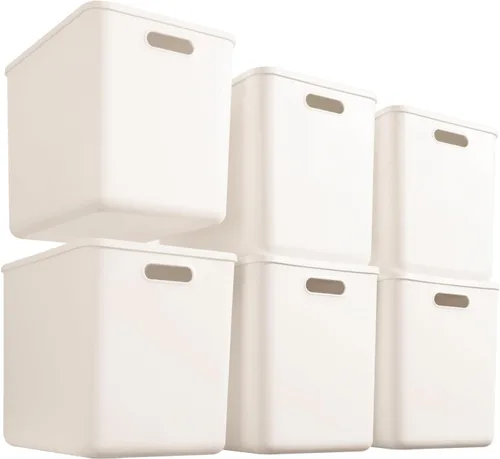 Vista 12 de Paquete de 4 contenedores grandes de plástico blanco con tapas, caja de juguetes con asa, contenedores organizadores para bebé, guardería, estantes
