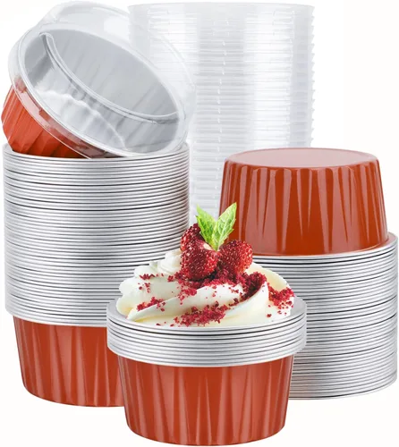 Vista 24 de EUSOAR Vasos para cupcakes con tapas, paquete de 50 forros para magdalenas de 5 onzas de colores surtidos, moldes desechables de papel de aluminio 5
