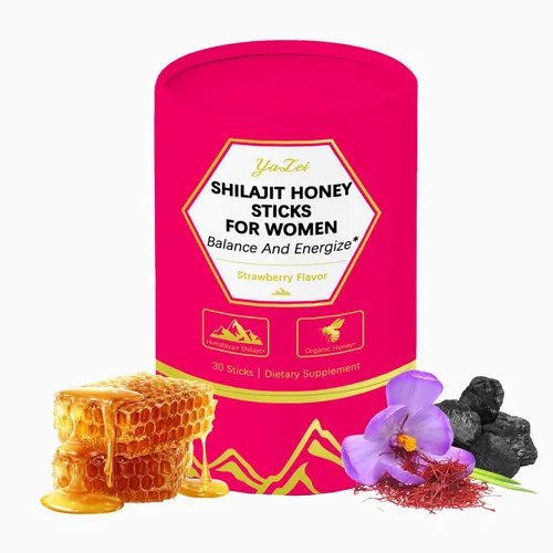 Vista 7 de Palitos de Miel de Sálvia y Shilajit de Fresa para Mujeres, Palitos de Miel para Mujeres con Extracto de Azafrán y Shatavari y Resina de Shilajit