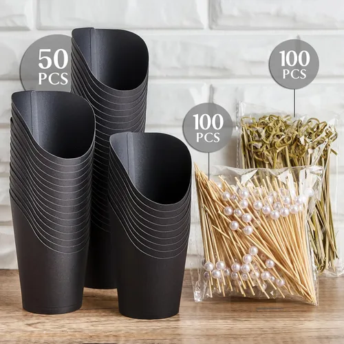 Vista 3 de Ocmoiy Vasos para embutidos con palillos negros desechables de 14 onzas de papel kraft, vasos individuales de aperitivo para servir en fiestas
