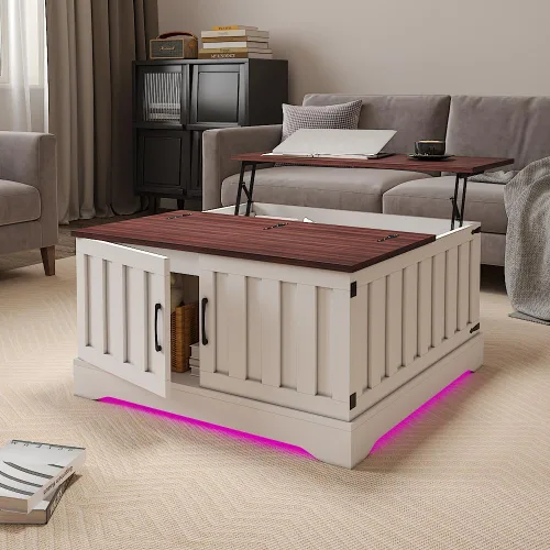 Vista 8 de HedoAjim Mesa auxiliar elevable de 31.5 pulgadas con almacenamiento, mesa de centro cuadrada blanca LED con gran almacenamiento oculto, mesa central