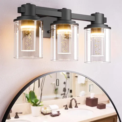 Vista 18 de Quntis Lámparas de baño de níquel cepillado con 5 modos de color, lámpara de tocador de baño moderna regulable de 3 luces sobre espejo, lámpara