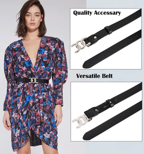 Vista 3 de ALAIX Cinturón de mujer Cinturón con hebilla doradaplateada Cinturón de cuero negro Pantalones de vestir de moda Cinturones de jeans para mujer