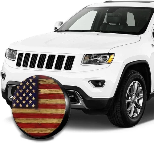 Vista 4 de Cubierta de neumático Bandera Americana de madera recuperada de poliéster potable universal para rueda de repuesto para remolque, RV, SUV