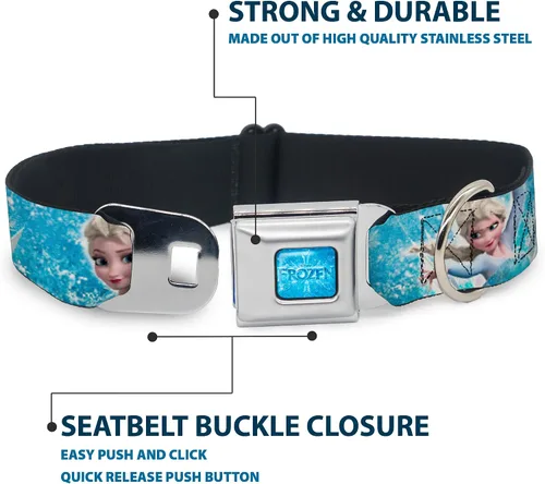Vista 4 de Buckle-Down Collar de perro con hebilla de cinturón de seguridad, cara de Elsa congelada, postura de acción, copos de nieve, azul, blanco, 1.5