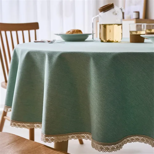 Vista 12 de Dimatic Mantel redondo con textura de lino con ribete de encaje, impermeable, a prueba de derrames, para decoración de mesa de cocina, comedor, Beige