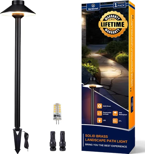 Vista 12 de Gardenreet Luces de camino de latón para exteriores, iluminación de camino de paisaje de bajo voltaje con cable, luz LED de pasarela de 12 V