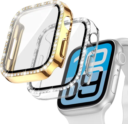 Vista 21 de Goton - Pack de 2 Fundas Bling para Apple Watch con Protector de Pantalla 40mm SE 3/2/1, Series 6/5/4, Funda con Purpurina para Mujer con Diamantes