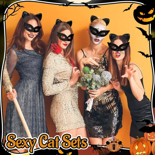 Vista 4 de Crowye 20 piezas de máscara de Halloween negro y gato con brillantina, disfraz de gato cosplay, accesorio de disfraz para mujeres y adultos, niños