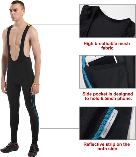 Vista 4 de Santic Mallas de ciclismo con peto para hombre, acolchadas, largas acolchadas con bolsillo