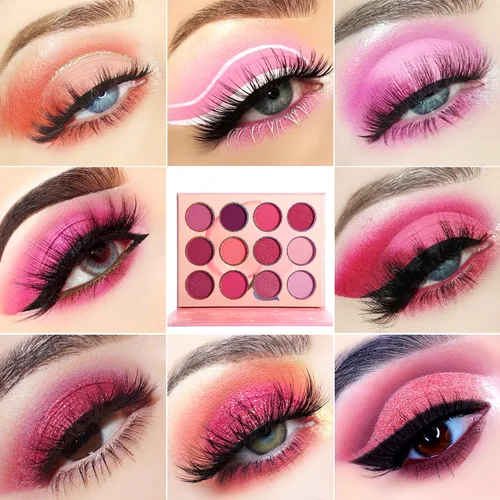Vista 3 de Paleta de sombra de ojos rosa, 12 colores melocotón, mate y brillante, altamente pigmentada, rosa, mini paleta de sombra de ojos, cálida y natural