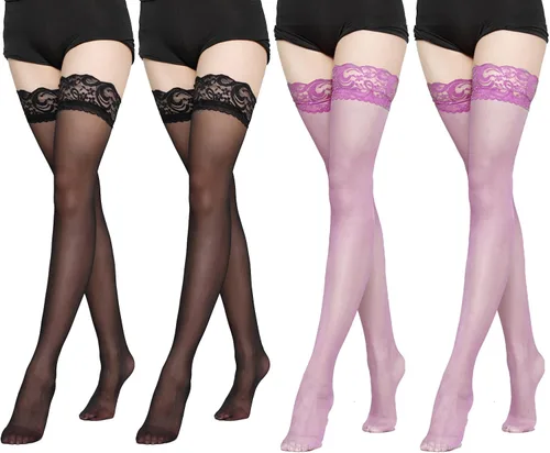 Vista 7 de FOMANN Medias de seda altas de encaje para mujer (4 pares) medias transparentes para mujer Beige