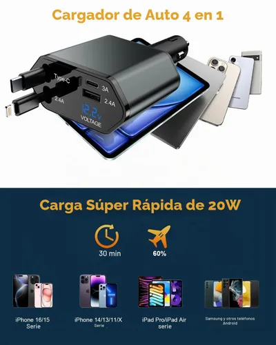 Vista 3 de Cargador de Coche Retráctil, Adaptador de Cargador de Coche iPhone 16 15 de 66W 4 en 1 con 2 Cables de Cargador iPhone Retráctiles
