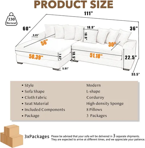 Vista 2 de Sofá modular de pana de 111 pulgadas, tamaño completo, color verde Convertible Sleeper Sofa Bed for Living Room, Hotel, Left L-Shaped Couch with