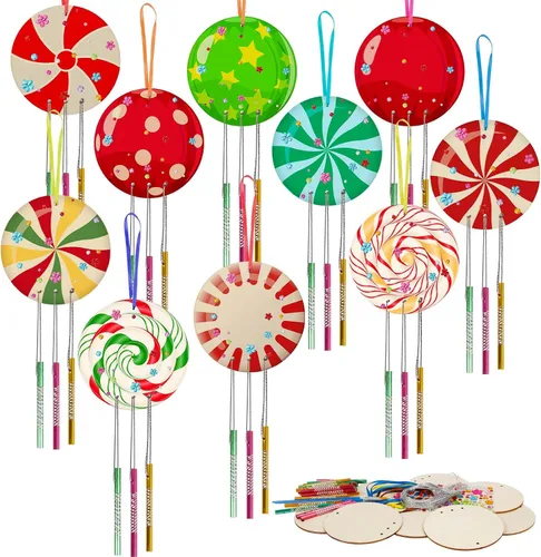 Vista 8 de Fennoral Paquete de 9 carillones de viento de ángel para niños, campanillas de viento de ángel, manualidades de madera para pintar para actividades