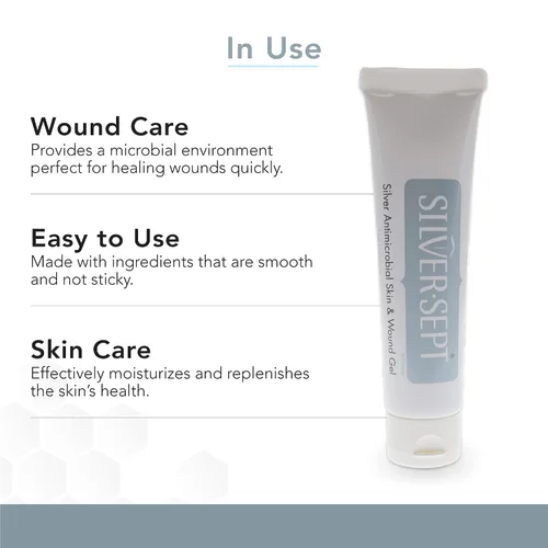 Vista 3 de Silver-Sept Gel plateado para piel y heridas, tubo de 3 onzas para tratamiento de úlceras de pies y piernas, cuidado de quemaduras de 1er y 2º grado