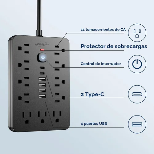 Vista 3 de JouleLoom Tira de alimentación con protector contra sobretensiones de enchufe plano de 6 pies, 11 tomas de corriente alterna con 6 puertos USB