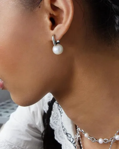 Vista 29 de Aretes colgantes de plata de ley 925 seleccionados a mano AAA+ de 7.5 a 0.315 in con perlas cultivadas de agua dulce blancas para mujer
