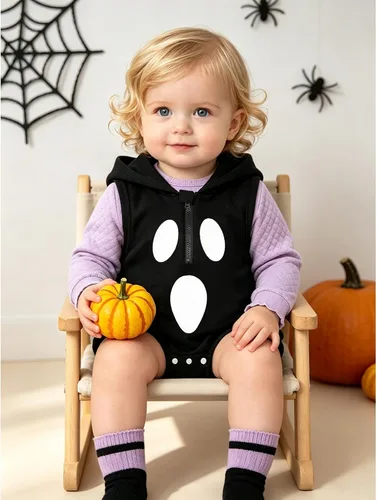 Vista 4 de Mameluco con capucha para bebé niño y niña, disfraz de calabaza Negro-b