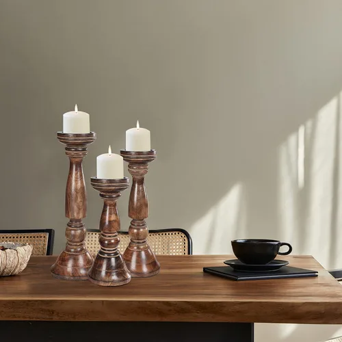 Vista 16 de Juego de 3 candelabros de pilar de madera de granja - Portavelas altos rústicos hechos a mano para decoración del hogar, centros de mesa, bodas