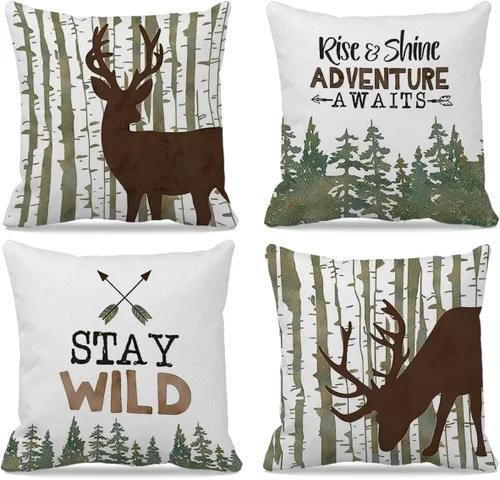 Vista 5 de Juego de 4 fundas de almohada decorativas de cabaña de 18 x 18 pulgadas, almohadas de cabaña, decoración de cabaña de troncos, fundas de almohada 4