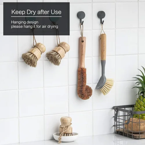 Vista 7 de Juego de 4 cepillos de bambú natural para limpiar botellas, con dispensador de jabón de cerámica, cepillos de madera con asas resistentes