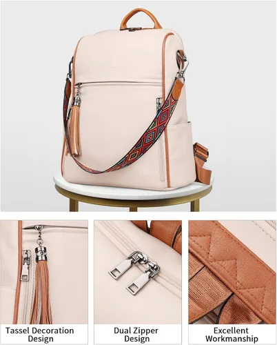 Vista 4 de FADEON Mochila de cuero para mujer, diseño de mujer, bolsa de hombro de moda, mochila de viaje convertible de PU, E Beige Con Marrón, Medium