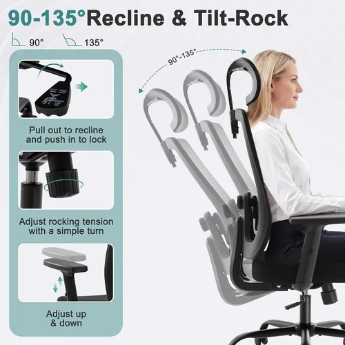 Vista 5 de Shintenchi Silla de oficina de malla, silla ergonómica de escritorio de oficina en casa con soporte lumbar ajustable, reposacabezas, inclinación