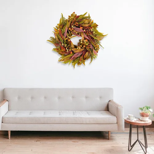Vista 6 de Corona de olivo para puerta delantera de 22 pulgadas, corona de vegetación para todas las estaciones con hojas de olivo y frutos, decoración