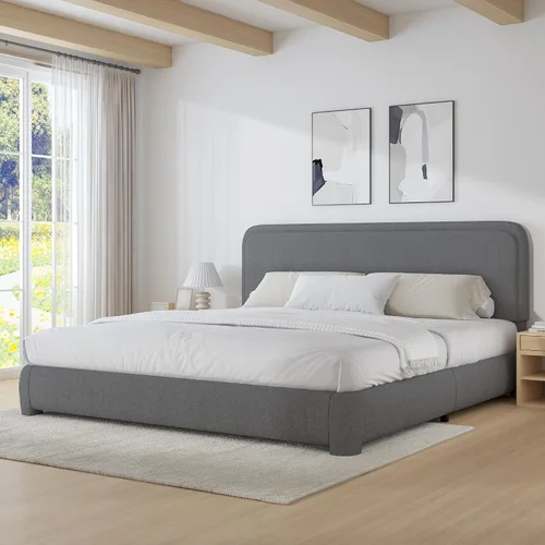 Vista 15 de BarnFurin Base de cama individual con cabecero, cama de plataforma tapizada Cloud Boucle, esquinas redondeadas suaves, no necesita somier, Beige