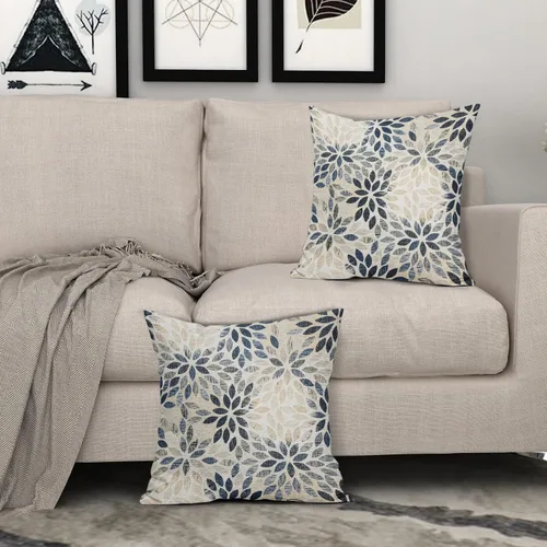 Vista 8 de Juego de 2 fundas de almohada de dalia azul marino de 20 x 20 pulgadas, fundas de almohada cuadradas decorativas de flores geométricas rústicas