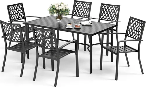 Vista 20 de SUNSHINE VALLEY Juego de 7 sillas de comedor para patio, material metálico, 6 sillas de comedor de color teca rectangular con agujero para sombrilla