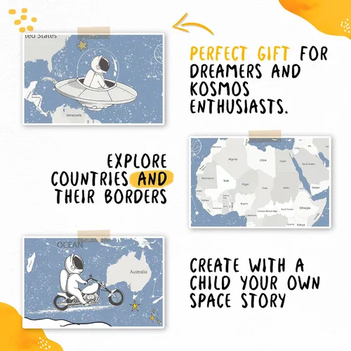 Vista 4 de Papel tapiz para habitación de niños, espacio de astronauta, mural de mapa gigante del mundo con países, papel tapiz para guardería, despegar