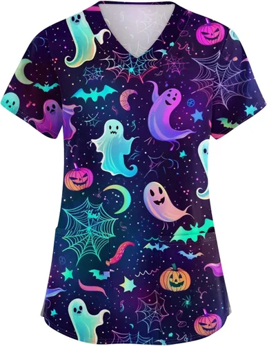 Vista 8 de Camisetas de uniforme médico de Navidad para mujer, talla grande, estampado ##896-Multicolor