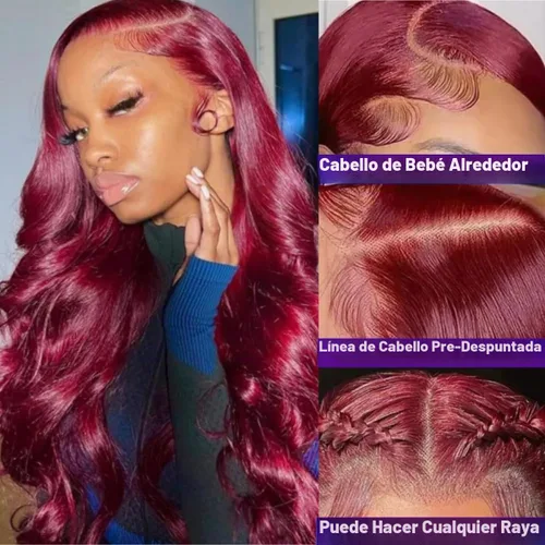 Vista 6 de Daphernew Pelucas de cabello humano ondulado sin pegamento, precortadas, densidad del 180 %, encaje frontal HD, color rojo cereza, peluca de cabello