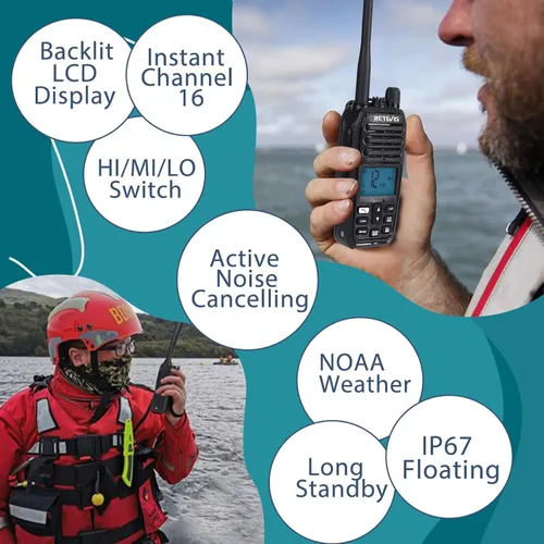 Vista 7 de Retevis RM21 - Radio marina flotante, 1/3/5 W, radio VHF IP67 marina, sumergible, reducción de ruido AI de 1 pulsación, 1800 mAh, 88 canales