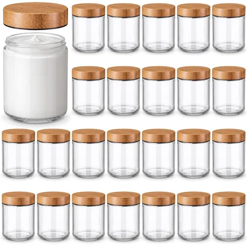 Vista 8 de Norme 120 tarros de vidrio de 4 onzas con tapas, recipientes de vidrio vacíos con tapas de grano de madera y revestimientos interiores